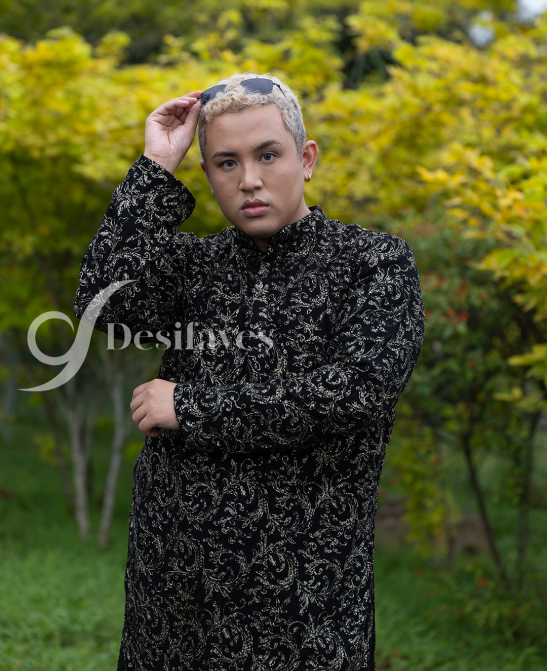 Men black gold long kurta 2